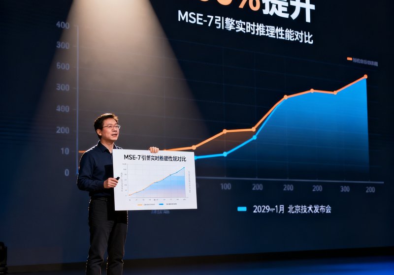 2025年1月北京技术发布会上，张明远博士站在聚光灯下展示MSE-7引擎的实时推理性能对比图表，大屏幕上显示着300%提升的数据曲线。