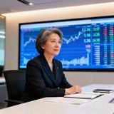 一位五十岁左右的女性银行副行长，身着职业套装，坐在明亮的办公桌前，身后是金融数据大屏。